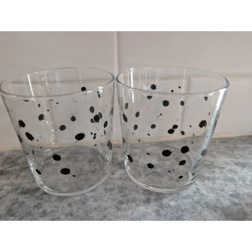 IKEA Cocktail Glasses Made in France (2) 3.5in Black Ink Splatter‎ Design